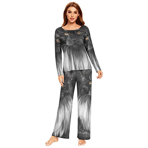Damen Pyjama-Set Maine Coon Katze Pj Set Langarm Top Lange Hose 2-teilig Loungewear Nachtwäsche Nachtwäsche, mehrfarbig, 36 von Anantty