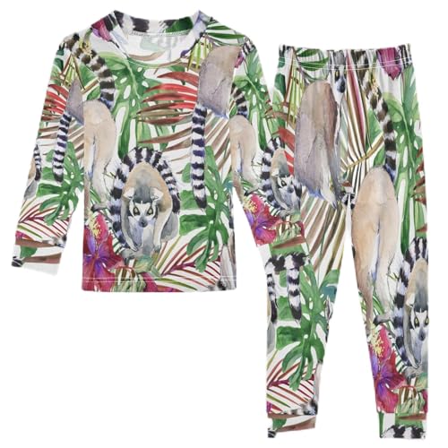 Kinder Schlafanzug Set Aquarell Tropisch Lemur Blätter Baumwolle Langarm Nachtwäsche Zweiteiliger Pyjama Sets für Mädchen Jungen von Anantty