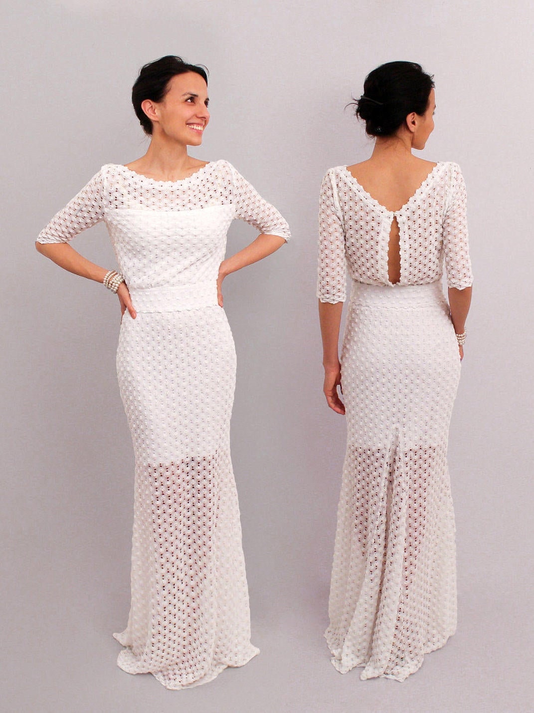 Elegantes Weißes Hochzeitskleid, Offenes Retro Langarm-Hochzeitskleid, Bodycon-Hochzeitskleid, Boho-Kleid von Anaoiss