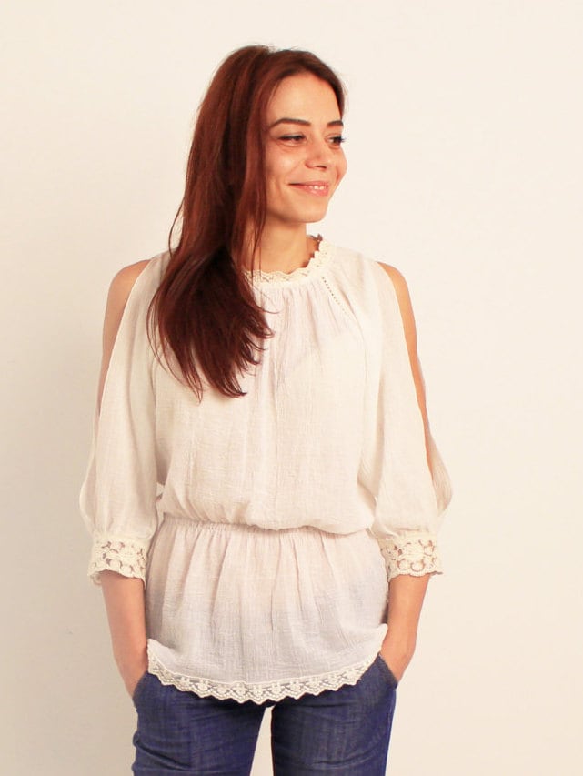 Rustikale Baumwollbluse, Bluse, Bohemian Mittlere Ärmel Lässige T-Shirt, Elegante Baumwolle-Krepp-Bluse Rustikale Baumwollbluse, Bluse, Bohemian Mittlere Ärmel Lässige T-Shirt, Elegante Baumwolle-Krepp-Bluse von Anaoiss
