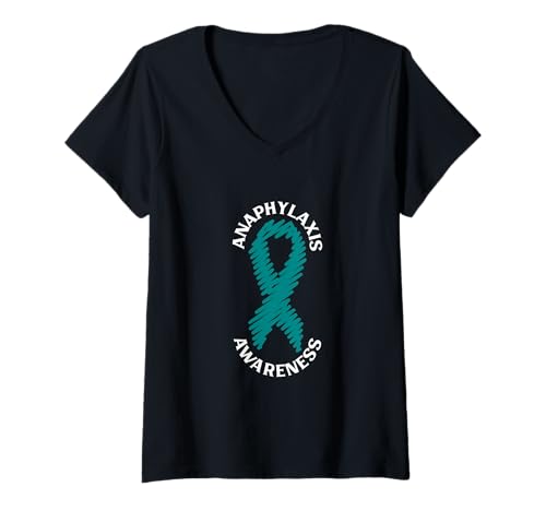 Damen Anaphylaxie Aufklärung - Türkises Band T-Shirt mit V-Ausschnitt von Anaphylaxie Awareness Designs