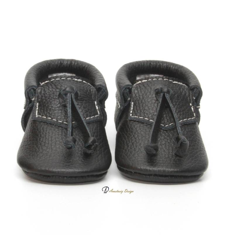 Handgefertigte Leder Baby Mokassins Onyx Schwarze Loafers Mit Quasten von AnastasiyDesign