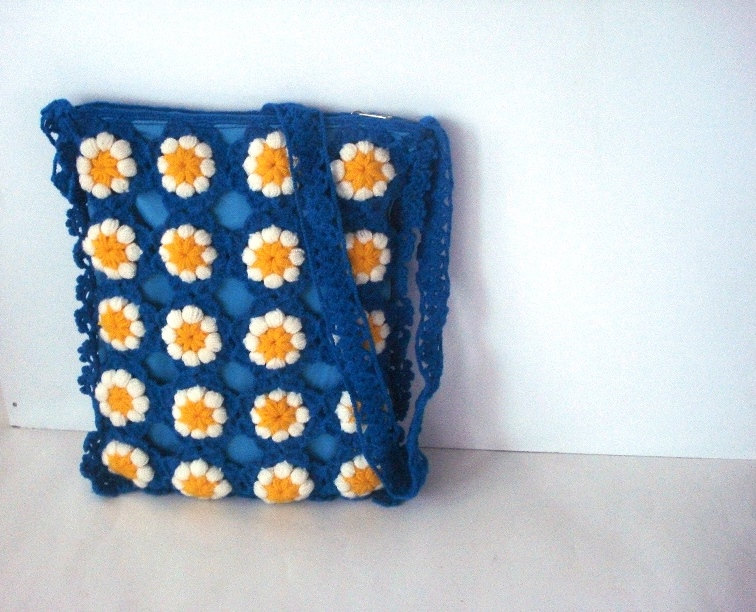 Blau-Grün Petrol Häkeltasche, Daisy Flower Messenger Bag, Windeltasche, Häkeln, Handtasche, Schultertasche, Tasche Mit Reißverschluss von AnatoliaDreams