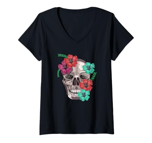 Damen Bunte Blumen Zucker und Floral Skull Day of The Dead T-Shirt mit V-Ausschnitt von Anatomists Anthophile Plants and Flower Lover