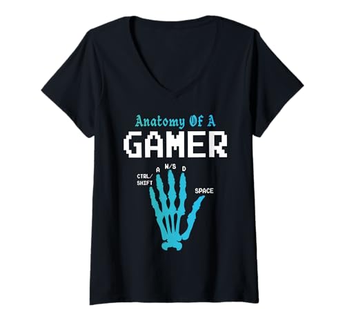 Damen Anatomy of a Gamer Graphic Skelett Hand Videospiel WASD T-Shirt mit V-Ausschnitt von Anatomy of a Gamer Hand Design for Gamers