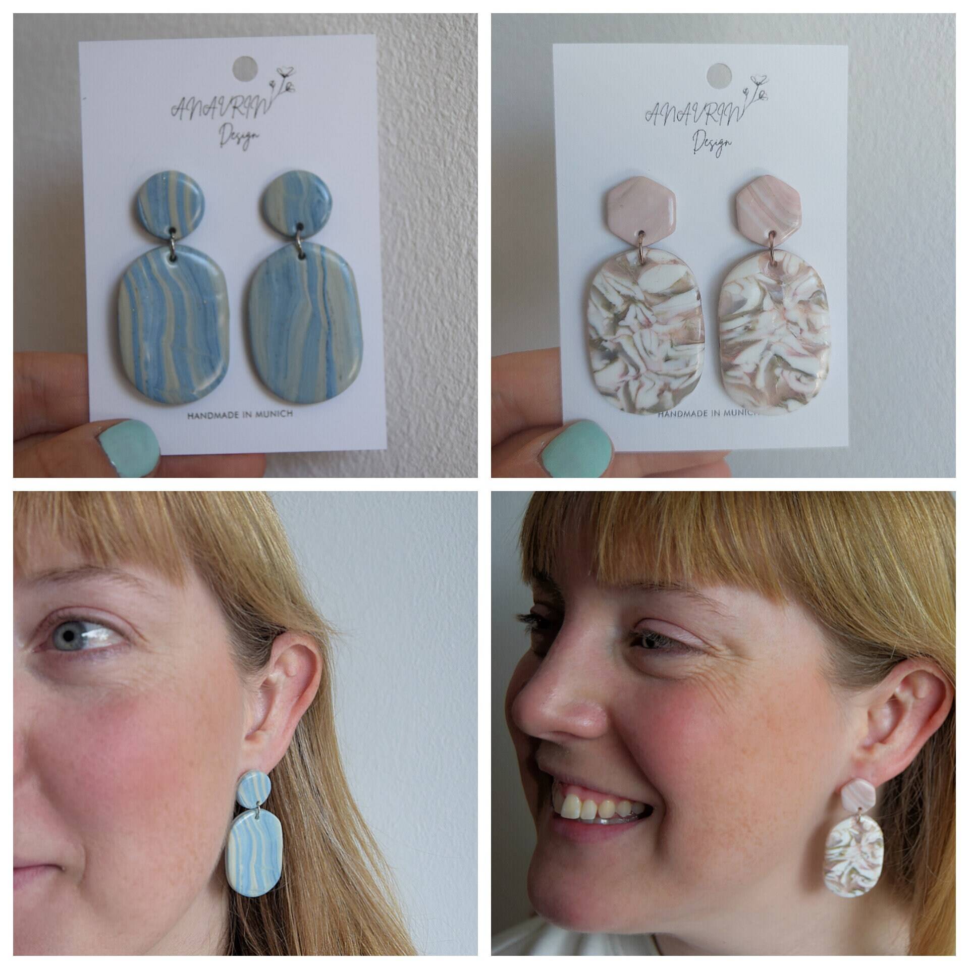 Fimo Ohrringe Mara | Polymer Clay & Edelstahl Farben Blau, Rosa Unikatschmuck Statement-Ohrringe von AnavrinDesignDE