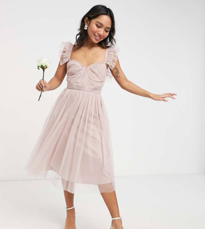 Anaya With Love Petite - Brautjungfern - Midikleid aus Tüll mit Rüschenärmeln in Rosa von Anaya Petite
