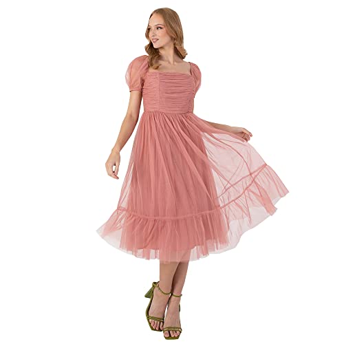 Anaya with Love Damen Dames Midi Jurk Voor Vrouwen Korte Pofte Mouw Vierkante Nek Frilly Voor Bruiloft Guest Prom Bal Even Kleid, Rose, 38 EU von Anaya with Love