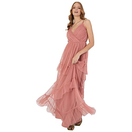 Anaya with Love Damen Ladies Maxi Cami Dress Womens Strappy Tiered Ruffle Frilly Faux V Neckline Long for Bridesmaids Wedding Guest Prom Kleid, Pink, 48 von Anaya with Love