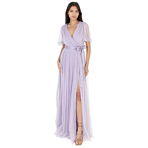 Anaya with Love Damen Ladies Maxi Dress Women V Neckline Short Sleeve Frilly Long Empire Waist for Wedding Guest Bridesmaid Maid of Honour Kleid, Dusty Lilac, 36 von Anaya with Love