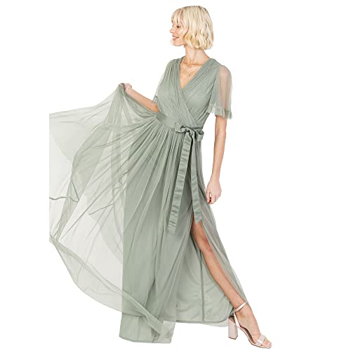 Anaya with Love Damen Ladies Maxi Dress Women V Neckline Short Sleeve Frilly Long Empire Waist for Wedding Guest Bridesmaid Maid of Honour Kleid, Frosted Green, 44 von Anaya with Love