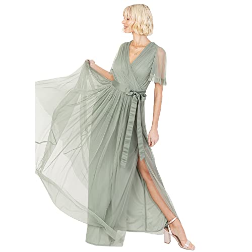 Anaya with Love Damen Ladies Maxi Dress Women V Neckline Short Sleeve Frilly Long Empire Waist for Wedding Guest Bridesmaid Maid of Honour Kleid, Frosted Green, 52 von Anaya with Love