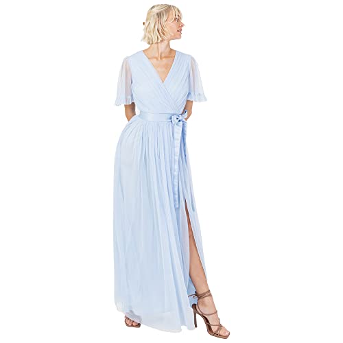 Anaya with Love Damen Ladies Maxi Dress Women V Neckline Short Sleeve Frilly Long Empire Waist for Wedding Guest Bridesmaid Maid of Honour Kleid, Light Blue, 38 von Anaya with Love