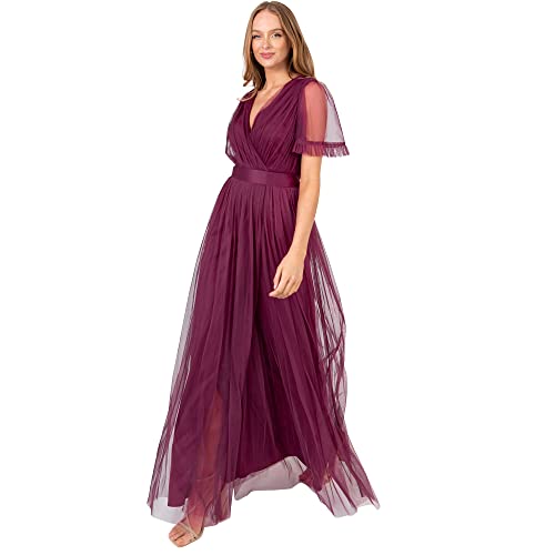 Anaya with Love Damen Ladies Maxi Dress Women V Neckline Short Sleeve Frilly Long Empire Waist for Wedding Guest Bridesmaid Maid of Honour Kleid, Plum, 34 von Anaya with Love