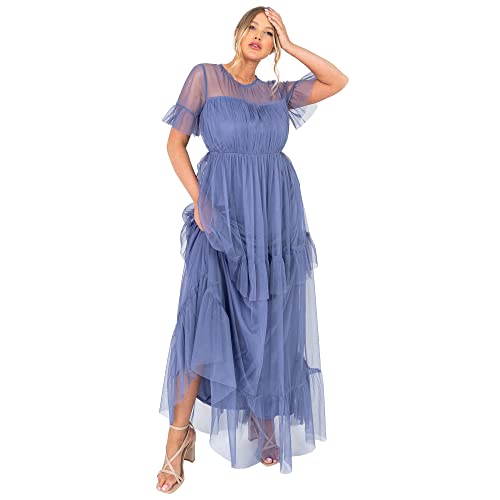 Anaya with Love Damen Ladies Maxi Dress Women Tiered Back Keyhole Mesh Short Sleeve Ruffle for Wedding Guest Prom Ball Evening Gown Kleid, Iris Blue, 40 von Anaya with Love