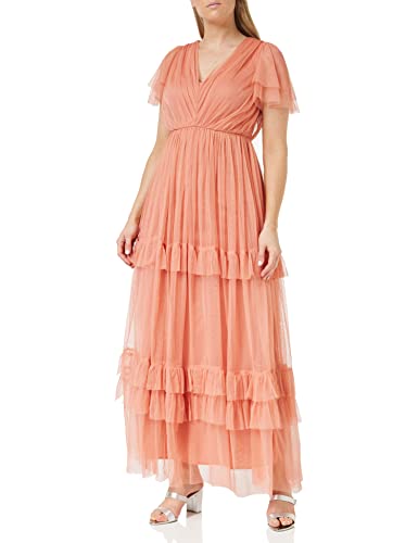 Anaya with Love Damen Ladies Maxi Dress for Women Short Sleeve Evening Ball Gown Tiered V Neck Bow Tie Bridesmaid Wedding Guest Prom Long Kleid, Coral Pink, 32 von Anaya with Love