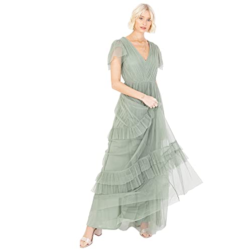 Anaya with Love Damen Ladies Maxi Dress for Women Short Sleeve Evening Ball Gown Tiered V Neck Bow Tie Bridesmaid Wedding Guest Prom Long Kleid, Frosted Green, 34 von Anaya with Love