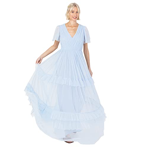 Anaya with Love Damen Ladies Maxi Dress for Women Short Sleeve Evening Ball Gown Tiered V Neck Bow Tie Bridesmaid Wedding Guest Prom Long Kleid, Light Blue, 32 von Anaya with Love