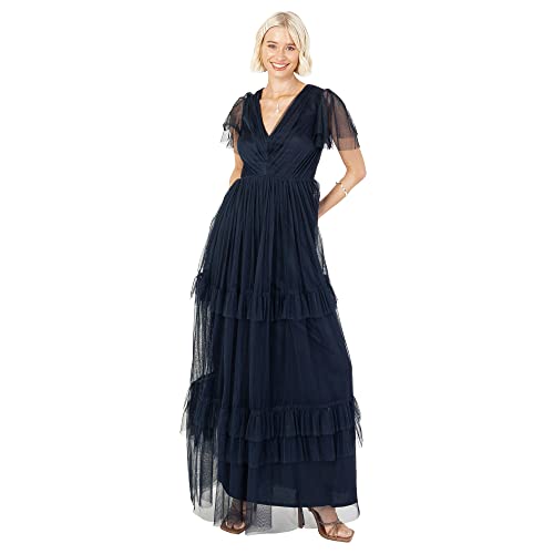 Anaya with Love Damen Ladies Maxi Dress for Women Short Sleeve Evening Ball Gown Tiered V Neck Bow Tie Bridesmaid Wedding Guest Prom Long Kleid, Navy Blue, 50 von Anaya with Love