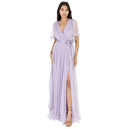 Anaya with Love Damen Ladies Maxi Dress for Women V Neckline Short Sleeve Frilly Long Empire Waist for Wedding Guest Bridesmaid Maid of Honour Kleid, Dusty Lilac, von Anaya with Love