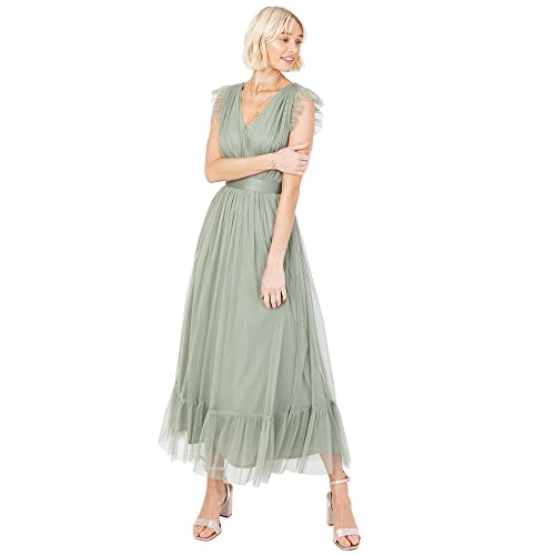 Anaya with Love Damen Ladies Maxi Dress for Women V Neckline Sleeveless Frilly for Wedding Guest Bridesmaid Prom Long High Empire Waist Tiered Kleid, Frosted Green, von Anaya with Love