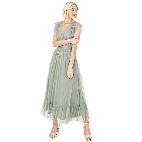Anaya With Love Damen Ladies Maxi Dress For Women V Neckline Sleeveless Frilly Wedding Guest Bridesmaid Prom Long High Empire Waist Tiered Kleid, Frosted Green, 34 EU von Anaya with Love