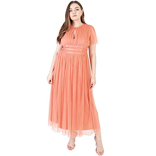 Anaya with Love Damen Ladies Midaxi Dress Women High Waist Keyhole Short Flutter Sleeve Crew Neckline for Wedding Guest Bridesmaids Prom Kleid, Coral Pink, 34 von Anaya with Love