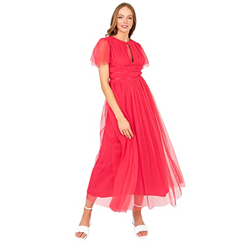 Anaya with Love Damen Ladies Midaxi Dress for Women High Waist Keyhole Short Flutter Sleeve Crew Neckline for Wedding Guest Bridesmaids Prom Kleid, Paradise Pink, von Anaya with Love