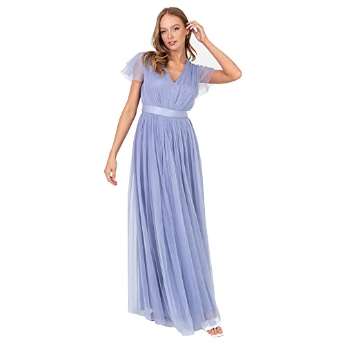 Anaya with Love Damen Maxi Dress for Women Ladies V Neckline Short Sleeve Empire Waist Tulle Wedding Guest Bridesmaid Prom Evening Ball Gown Brautjungfernkleid, Heather Blue, 50 von Anaya with Love