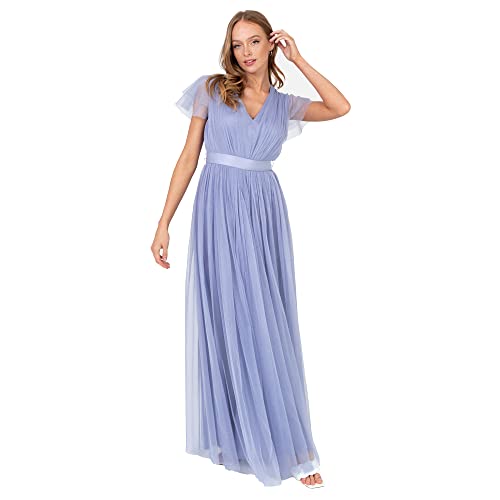 Anaya with Love Damen Maxi Dress for Women Ladies V Neckline Short Sleeve Empire Waist Tulle Wedding Guest Bridesmaid Prom Evening Ball Gown Brautjungfernkleid, Heather Blue, von Anaya with Love