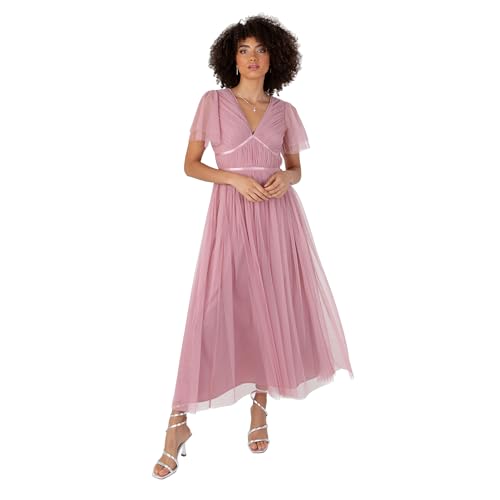 Anaya with Love Damen Women's Ladies Midaxi Dress V-Neck Short Flutter Sleeve Ribbon A-line Tulle for Bridesmaid Wedding Guest Prom Ball Gown Kleid, Bridal Rose, von Anaya with Love