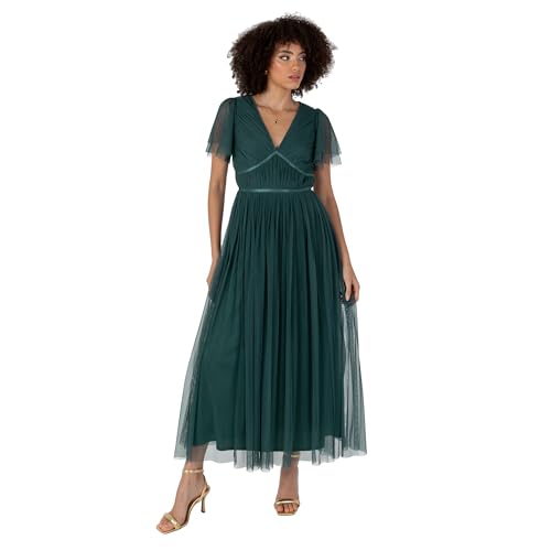 Anaya with Love Damen Women's Ladies Midaxi Dress V-Neck Short Flutter Sleeve Ribbon A-line Tulle for Bridesmaid Wedding Guest Prom Ball Gown Kleid, Emerald Green, von Anaya with Love