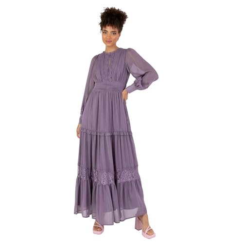 Anaya with Love Damen Women's Maxi Dress Ladies Long Sleeves Round Neck Keyhole Lace High Waist Empire A-line for Wedding Guest Evening Kleid, Dusty Lavender, von Anaya with Love