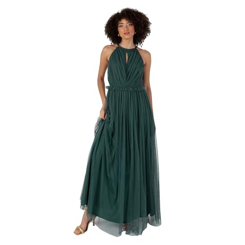 Anaya with Love Damen Women's Maxi Dress Ladies Sleeveless Halterneck Ruffle Empire A-line for Wedding Guest Bridesmaid Ball Evening Occasion Kleid, Emerald Green, von Anaya with Love