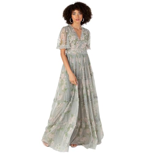 Anaya with Love Damen Women's Maxi Dress Ladies V-Neck Short Angel Sleeves Tiered Ruffle for Bridesmaid Wedding Guest Occasion Prom Ball Gown Kleid, Floral Sage Green, von Anaya with Love