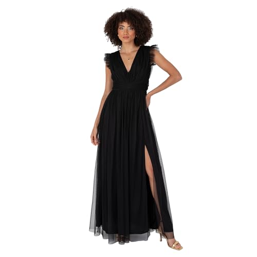 Anaya with Love Damen Women's Maxi Dress Ladies V-Neck Short Sleeve Split Tulle A-line for Wedding Guest Bridesmaid Evening Occasion Ball Gown Kleid, Black, von Anaya with Love