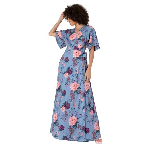 Anaya with Love Damen Women's Maxi Dress Ladies Wrap Short Angel Sleeves V-Neck Floral Waist Tie for Wedding Guest Occasion Evening Prom Ball Kleid, Blue, von Anaya with Love