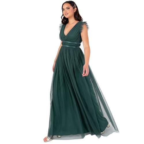 Anaya with Love Damen Women's Maxi Ladies Cap Sleeve V-Neck Satin Detail Tulle A-line Bridesmaid Wedding Guest Occasion Prom Ball Gown Dress, Emerald Green, 40 EU von Anaya with Love