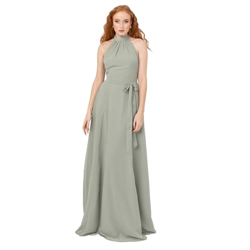 Anaya with Love Damen Women's Maxi Ladies Sleeveless Halter Neck Waist Bow Tie Sash Belt Shirred Bridesmaid Wedding Guest Prom Ball Gown Dress, Frosty Green, 36 EU von Anaya with Love