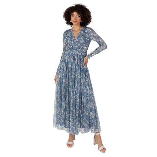 Anaya with Love Damen Women's Midaxi Dress Ladies V-Neck Wrap Long Sleeves Floral Sequin Embellished for Wedding Guest Party Occasion Evening Kleid, Blue, von Anaya with Love