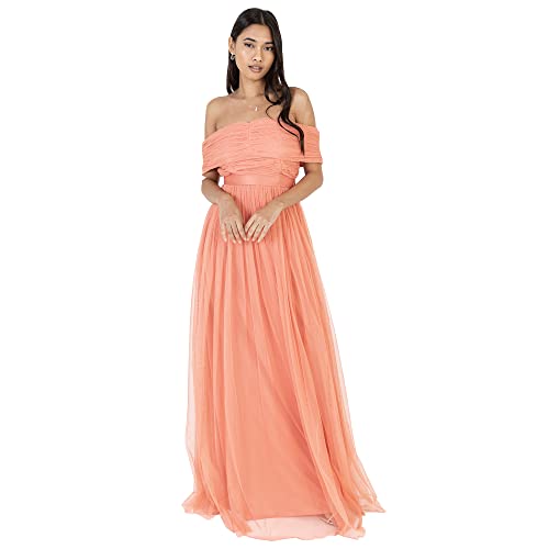 Anaya with Love Damen Womens Ladies Maxi Dress Bardot Off Shoulder with Belt Long Empire Waist for Wedding Guest Prom Evening Gown Bridesmaid Kleid, Coral Pink, 38 von Anaya with Love