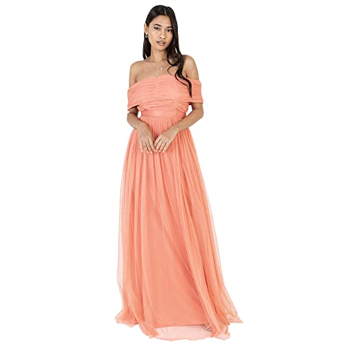 Anaya with Love Damen Womens Ladies Maxi Dress Bardot Off Shoulder with Belt Long Empire Waist for Wedding Guest Prom Evening Gown Bridesmaid Kleid, Coral Pink, 42 von Anaya with Love