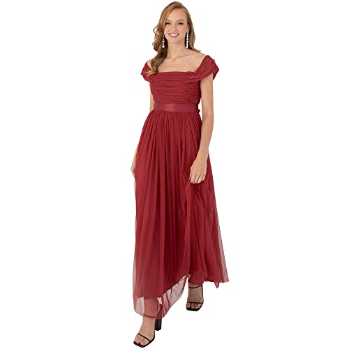 Anaya with Love Damen Womens Ladies Maxi Dress Bardot Off Shoulder with Belt Long Empire Waist for Wedding Guest Prom Evening Gown Bridesmaid Kleid, Garent, 34 von Anaya with Love