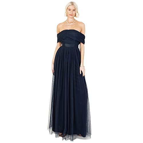 Anaya with Love Damen Womens Ladies Maxi Dress Bardot Off Shoulder with Belt Long Empire Waist for Wedding Guest Prom Evening Gown Bridesmaid Kleid, Navy Blue, 36 von Anaya with Love