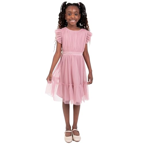 Anaya with Love Girl's Maya Deluxe Flower Girl Bridesmaid Children's Round Neck Short Flutter Sleeve Bow Tulle Ruffle Princess Kids Dress, Bridal Rose, 11-12 Jahre von Anaya with Love