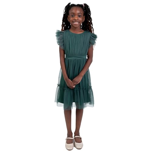 Anaya with Love Girl's Maya Deluxe Flower Girl Bridesmaid Children's Round Neck Short Flutter Sleeve Bow Tulle Ruffle Princess Kids Dress, Emerald Green, 7-8 Jahre von Anaya with Love