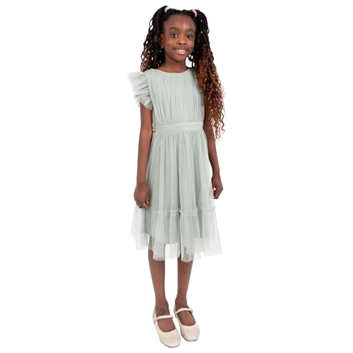 Anaya with Love Girl's Maya Deluxe Flower Girl Bridesmaid Children's Round Neck Short Flutter Sleeve Bow Tulle Ruffle Princess Kids Dress, Frosty Green, 3-4 Jahre von Anaya with Love