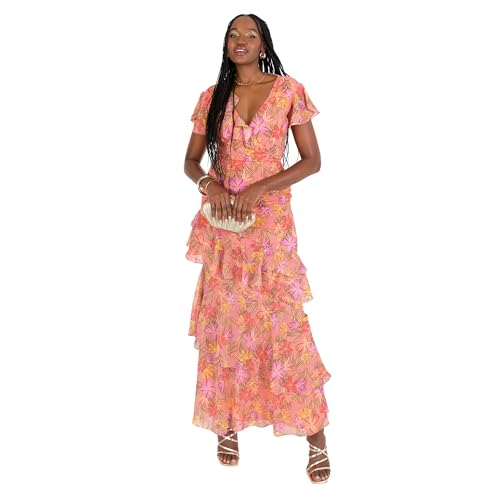 Anaya with Love Women's Maxi Dress Ladies Flutter Sleeve Plunge V-Neck Ruffle Tiered Skirt Lace-up Strappy Back Tropical Floral Print, Koralle 46 von Anaya with Love