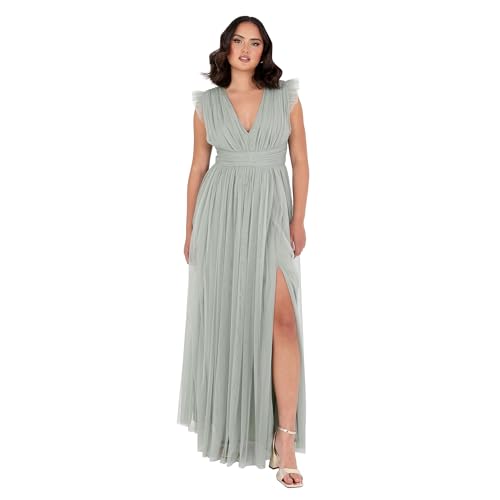 Anaya with Love Damen Women's Maxi Ladies V-Neck Short Sleeve Split Tulle A-line for Wedding Guest Bridesmaid Evening Occasion Ball Gown Dress, Frosty Green, 50 EU von Anaya with Love