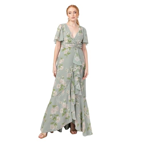 Anaya with Love Women's Maxi Dress Ladies Wrap V-Neck Flutter Sleeve Ruffle A-line Bridesmaid Wedding Guest Occasion Prom Ball Gown, Blumenprint in Salbeigrün 36 von Anaya with Love